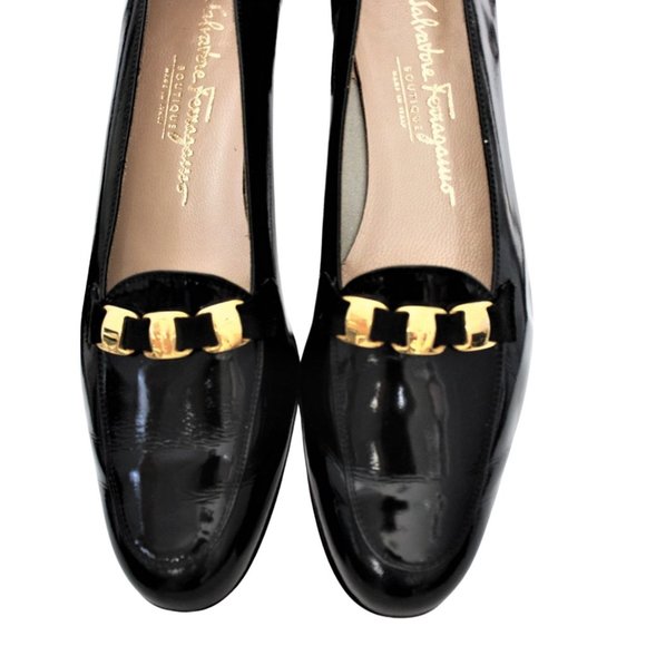 VTG Salvatore Ferragamo Loafer Black Patent Leather Gold Chain Accent Size 10 4A - Picture 7 of 12